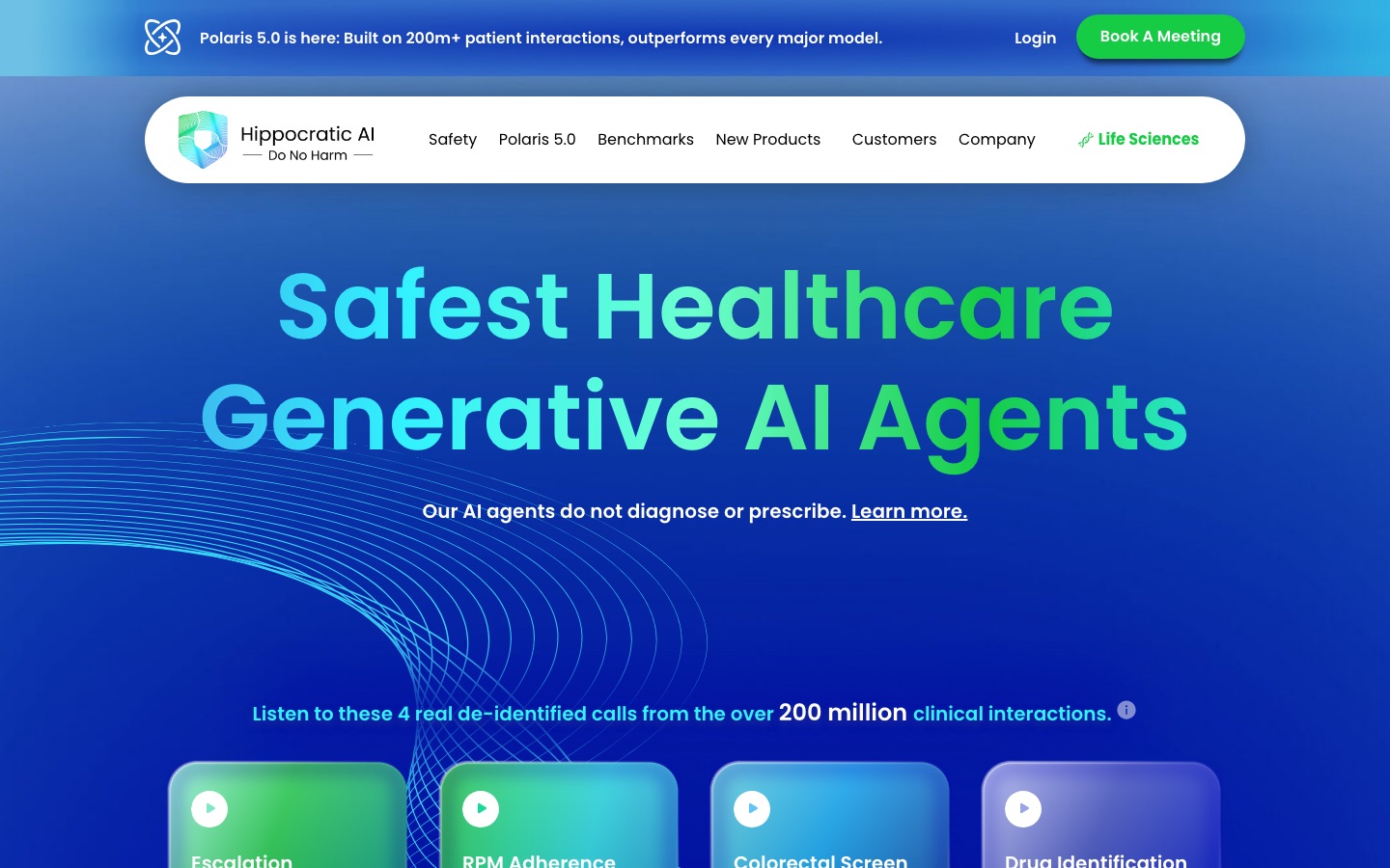 Hippocratic AI homepage hero reading 'Safest Healthcare Generative AI Agents'