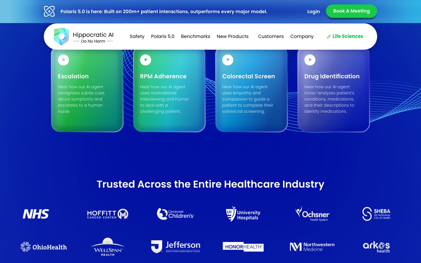Hippocratic AI homepage logo wall: 'Trusted Across the Entire Healthcare Industry' — NHS, Moffitt Cancer Center, Cincinnati Children's, University Hospitals, Ochsner, WellSpan, UHS, and more