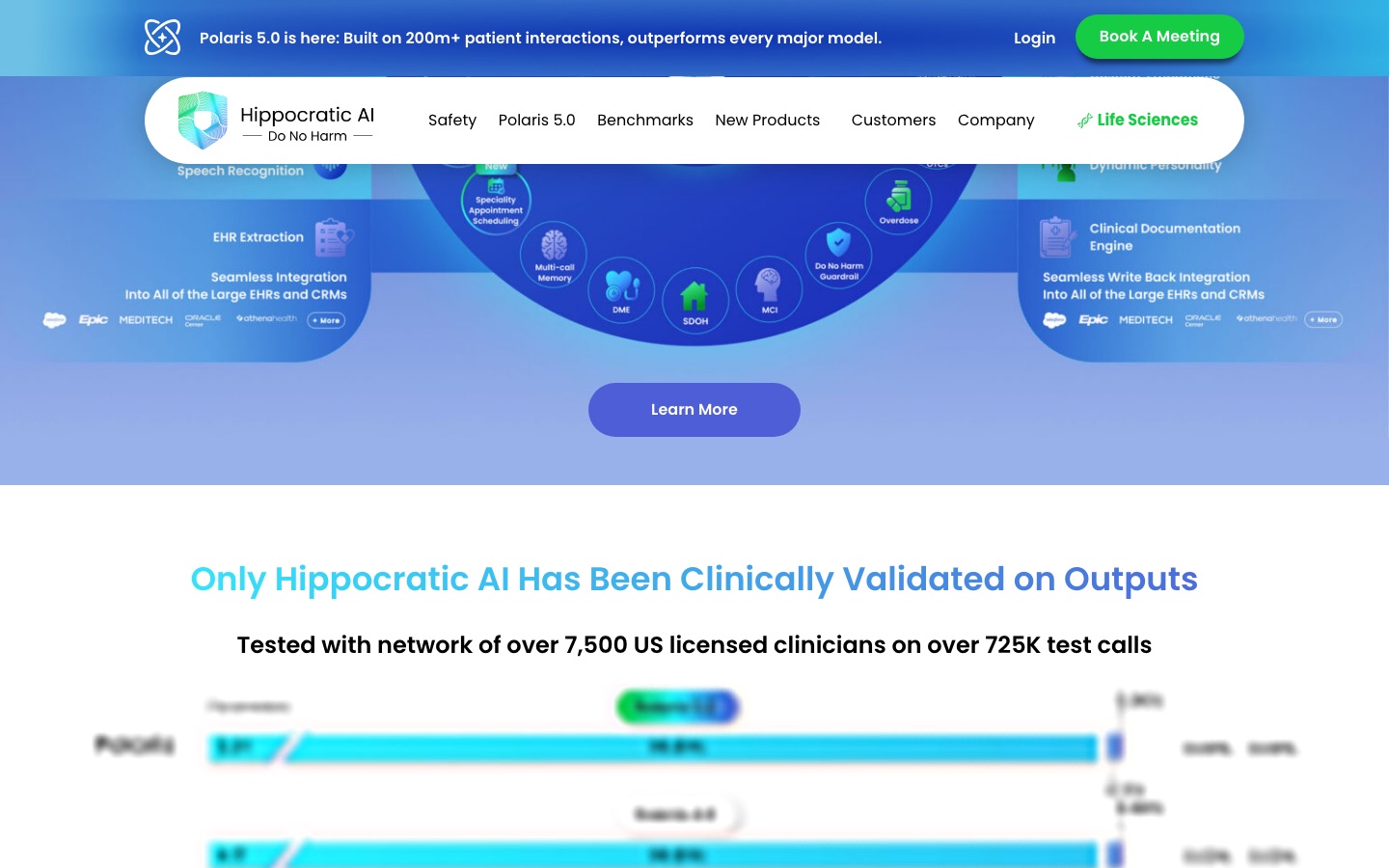 Hippocratic AI safety page: 'Only Hippocratic AI Has Been Clinically Validated on Outputs — Tested with network of over 7,500 US licensed clinicians on over 725K test calls'